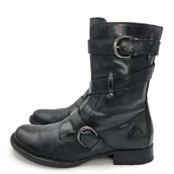 Born Alamid Black Leather Straps & Buckles Calf-High Lug Sole Moto Style Boots - Picture 2 of 12